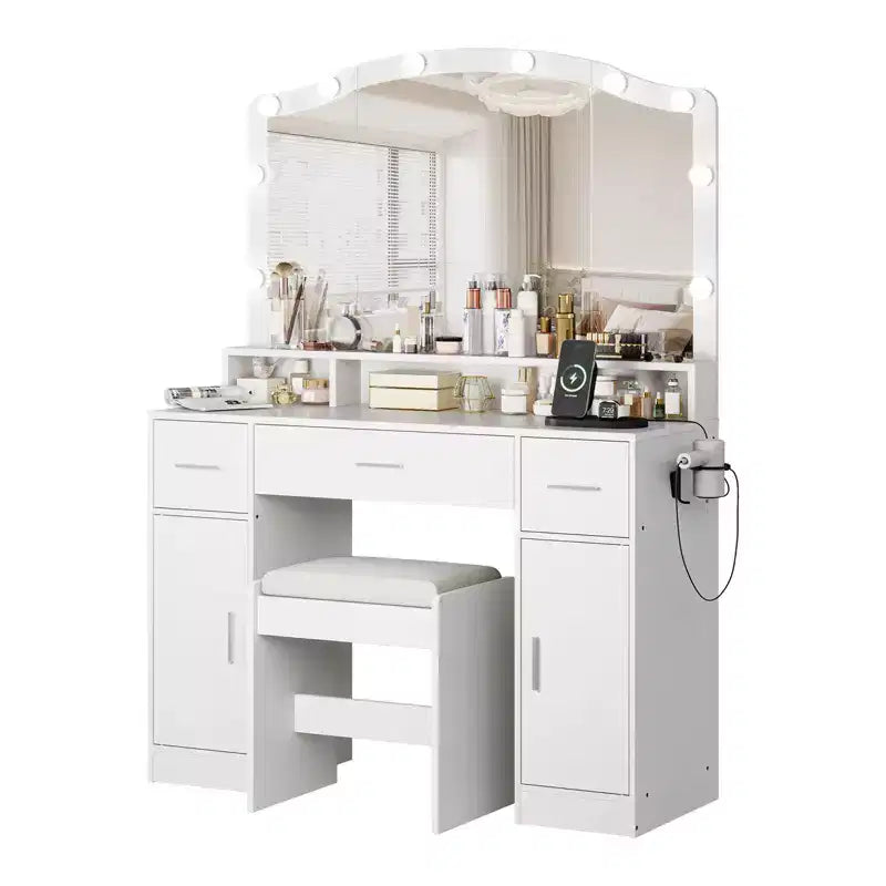 Vanity Desk with Mirror and Lights, Dressing Table Set with 3 Drawers, 2 Cabinets Vanity, Storage Stool, for Bedroom, Living Room
