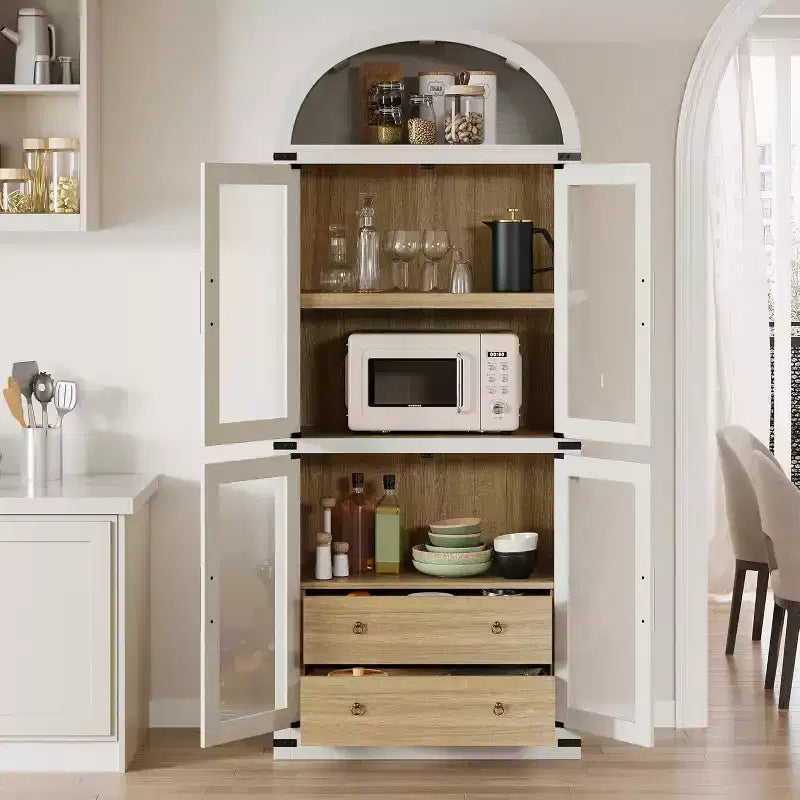 Bibliothèque arche de style rustique de 71,6 po avec portes vitrées, 2 tiroirs et 4 étagères