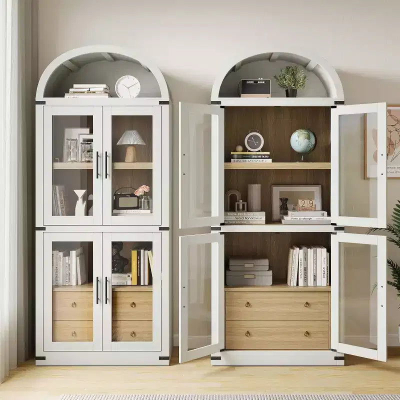 Bibliothèque arche de style rustique de 71,6 po avec portes vitrées, 2 tiroirs et 4 étagères