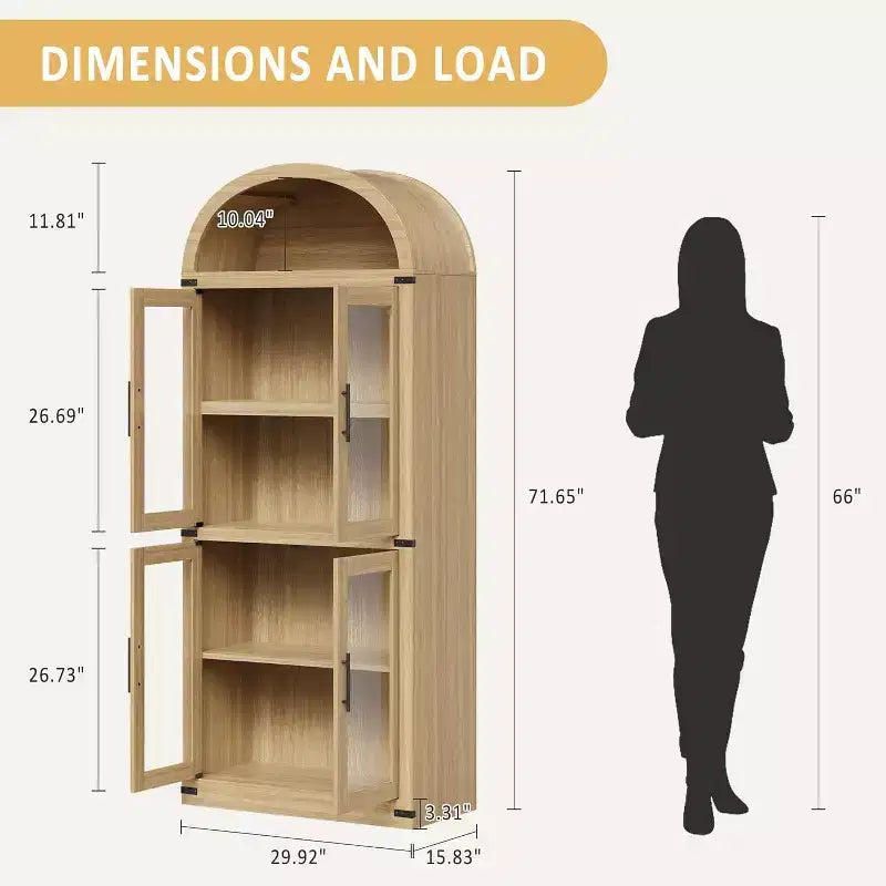 Bibliothèque arche de style rustique de 71,6 po avec portes vitrées, 2 tiroirs et 4 étagères