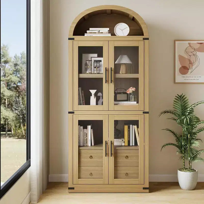 Bibliothèque arche de style rustique de 71,6 po avec portes vitrées, 2 tiroirs et 4 étagères