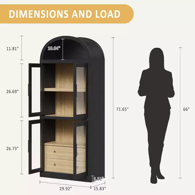 Bibliothèque arche de style rustique de 71,6 po avec portes vitrées, 2 tiroirs et 4 étagères