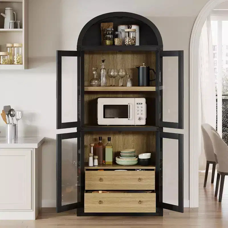 Bibliothèque arche de style rustique de 71,6 po avec portes vitrées, 2 tiroirs et 4 étagères