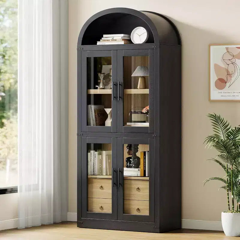 Bibliothèque arche de style rustique de 71,6 po avec portes vitrées, 2 tiroirs et 4 étagères