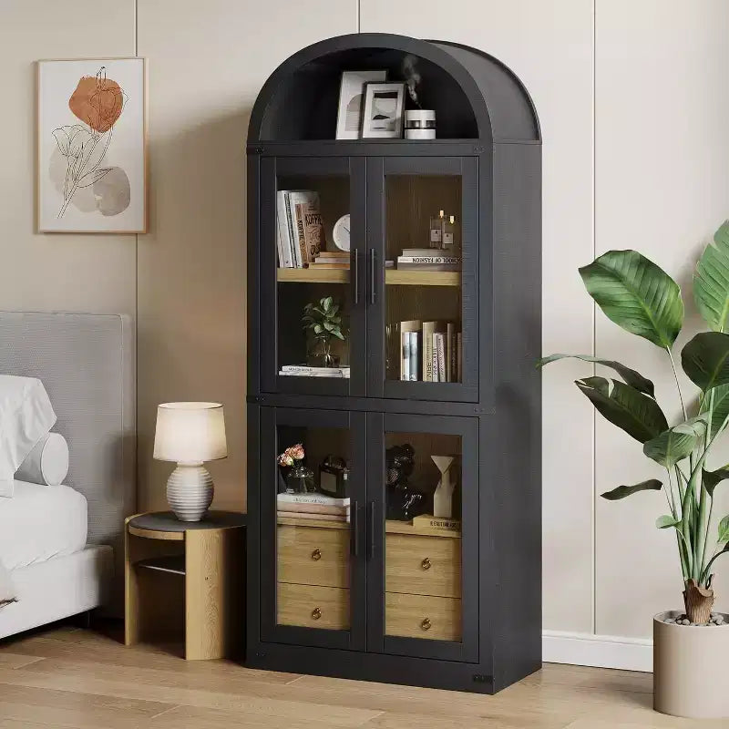 Bibliothèque arche de style rustique de 71,6 po avec portes vitrées, 2 tiroirs et 4 étagères