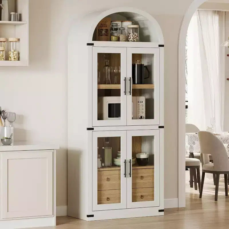 Bibliothèque arche de style rustique de 71,6 po avec portes vitrées, 2 tiroirs et 4 étagères