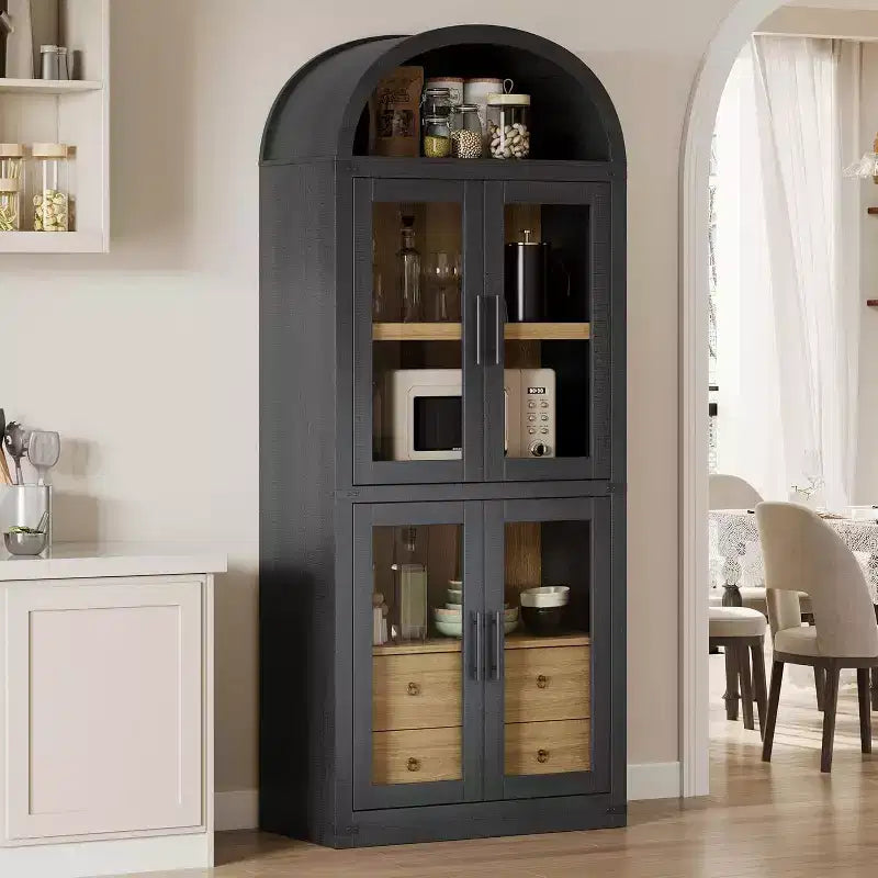 71.4in Arched Bookshelf with Storage,4-Tier Farmhouse Book Shelf,with Doors and Drawers Farmhouse Bookcase for Living Room,Kitchen