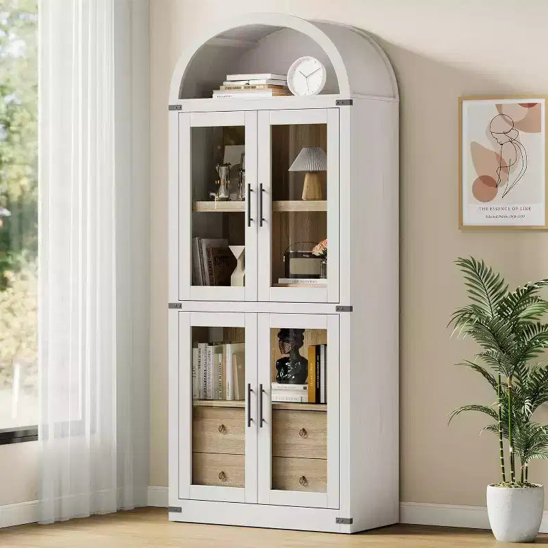 Bibliothèque arche de style rustique de 71,6 po avec portes vitrées, 2 tiroirs et 4 étagères
