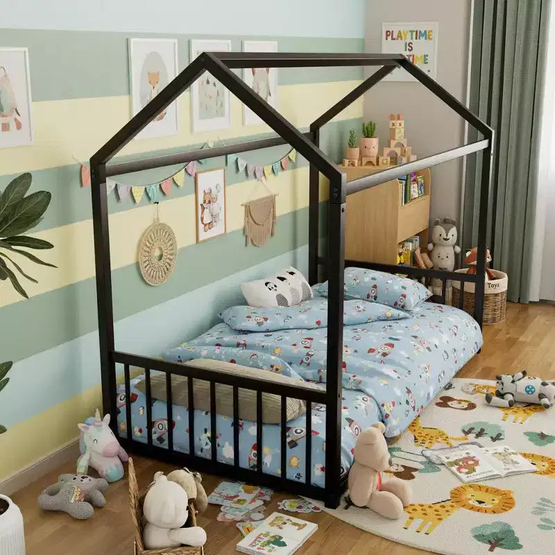 Cadre de lit Montessori au sol avec barrières de sécurité – Métal, simple et double, pour enfants