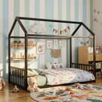 Polibi Montessori Metal House Floor Bed Frame with Vertical Guardrails