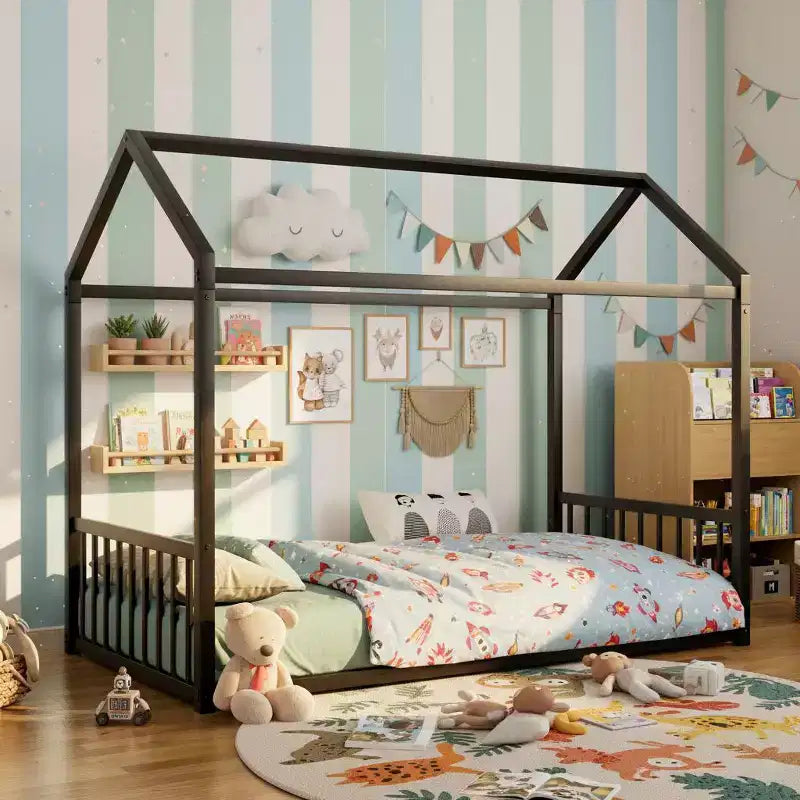 Polibi Montessori Metal House Floor Bed Frame with Vertical Guardrails