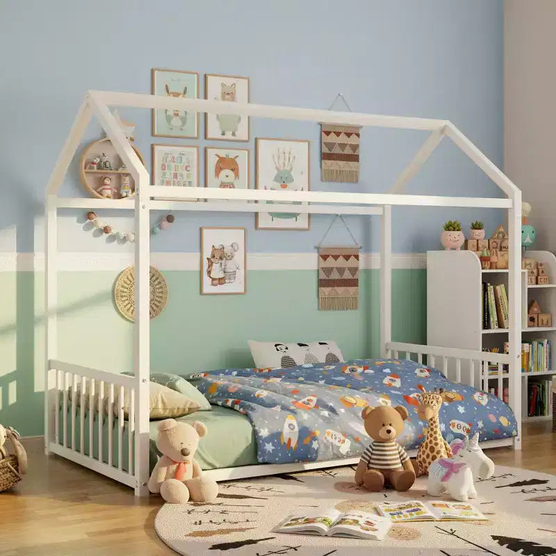 Cadre de lit Montessori au sol avec barrières de sécurité – Métal, simple et double, pour enfants