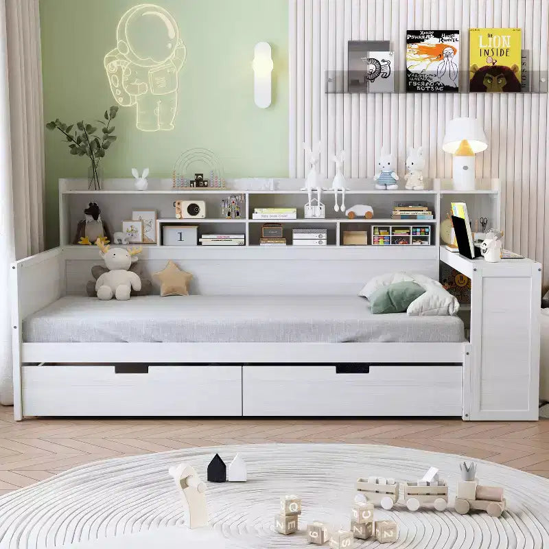 Bellemave Wooden Twin Size Daybed with Storage Shelves, Multi-functional Bed with Two Storage Drawers and Study Desk, Antique White