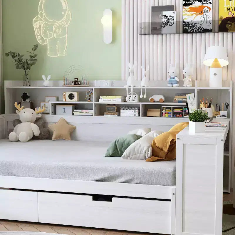 Lit de repos simple avec tiroirs de rangement, étagères et bureau – Blanc antique, cadre en bois