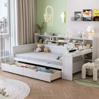 Lit de repos simple avec tiroirs de rangement, étagères et bureau – Blanc antique, cadre en bois