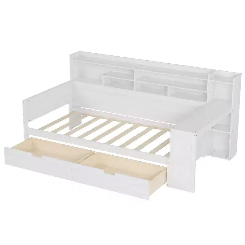 Lit de repos simple avec tiroirs de rangement, étagères et bureau – Blanc antique, cadre en bois