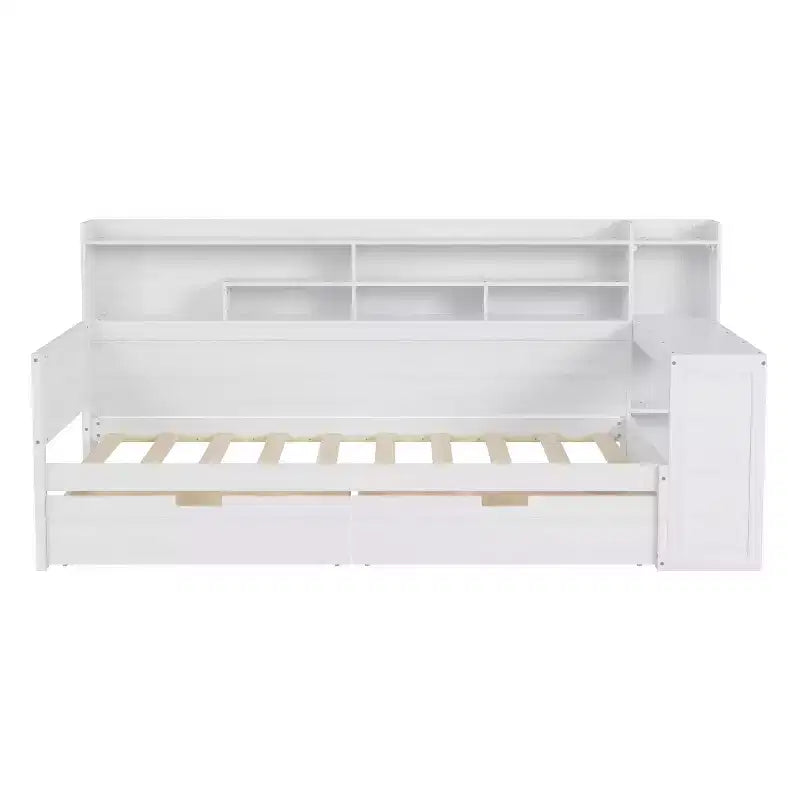 Lit de repos simple avec tiroirs de rangement, étagères et bureau – Blanc antique, cadre en bois