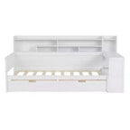 Lit de repos simple avec tiroirs de rangement, étagères et bureau – Blanc antique, cadre en bois