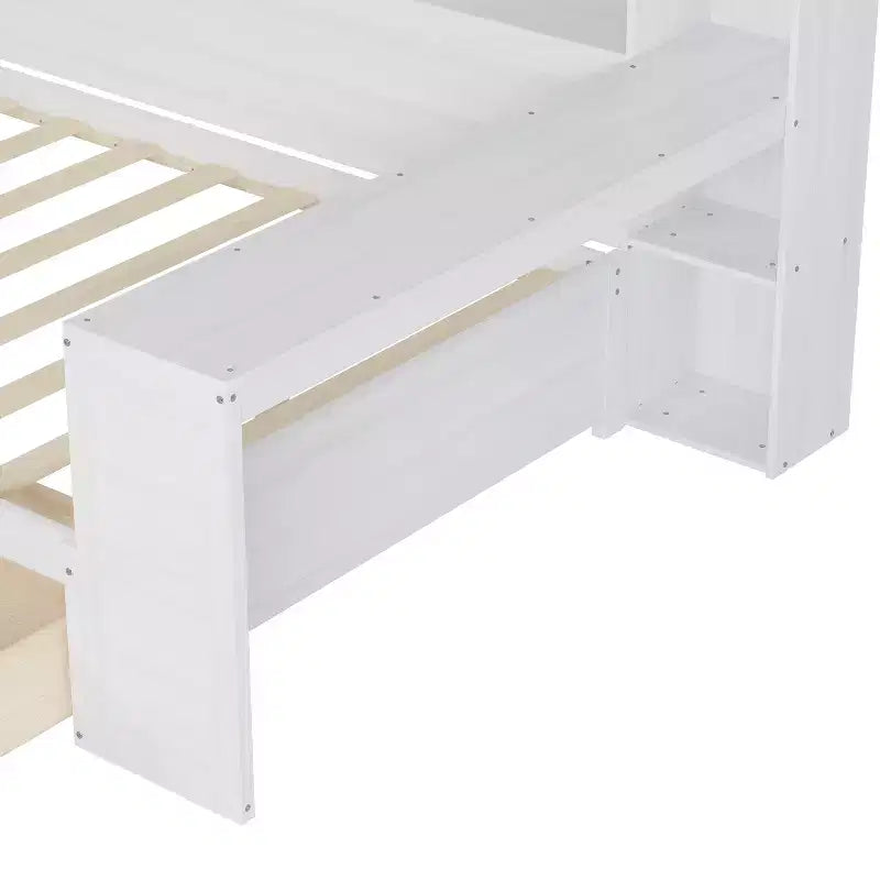 Lit de repos simple avec tiroirs de rangement, étagères et bureau – Blanc antique, cadre en bois
