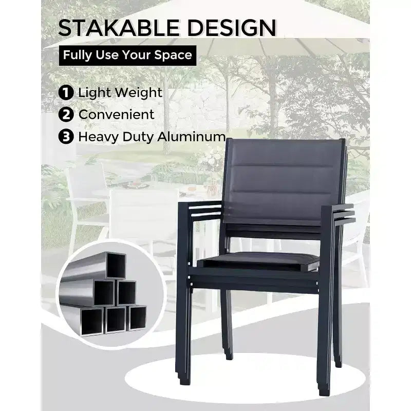 Lot de 4 chaises de salle à manger d'extérieur empilables en aluminium avec accoudoirs – Patio et jardin