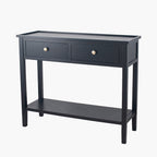 Console en bois de pin noir satiné à 2 tiroirs avec poignées dorées