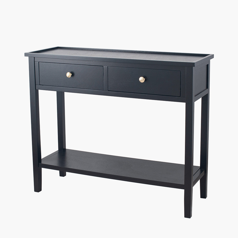 Console en bois de pin noir satiné à 2 tiroirs avec poignées dorées