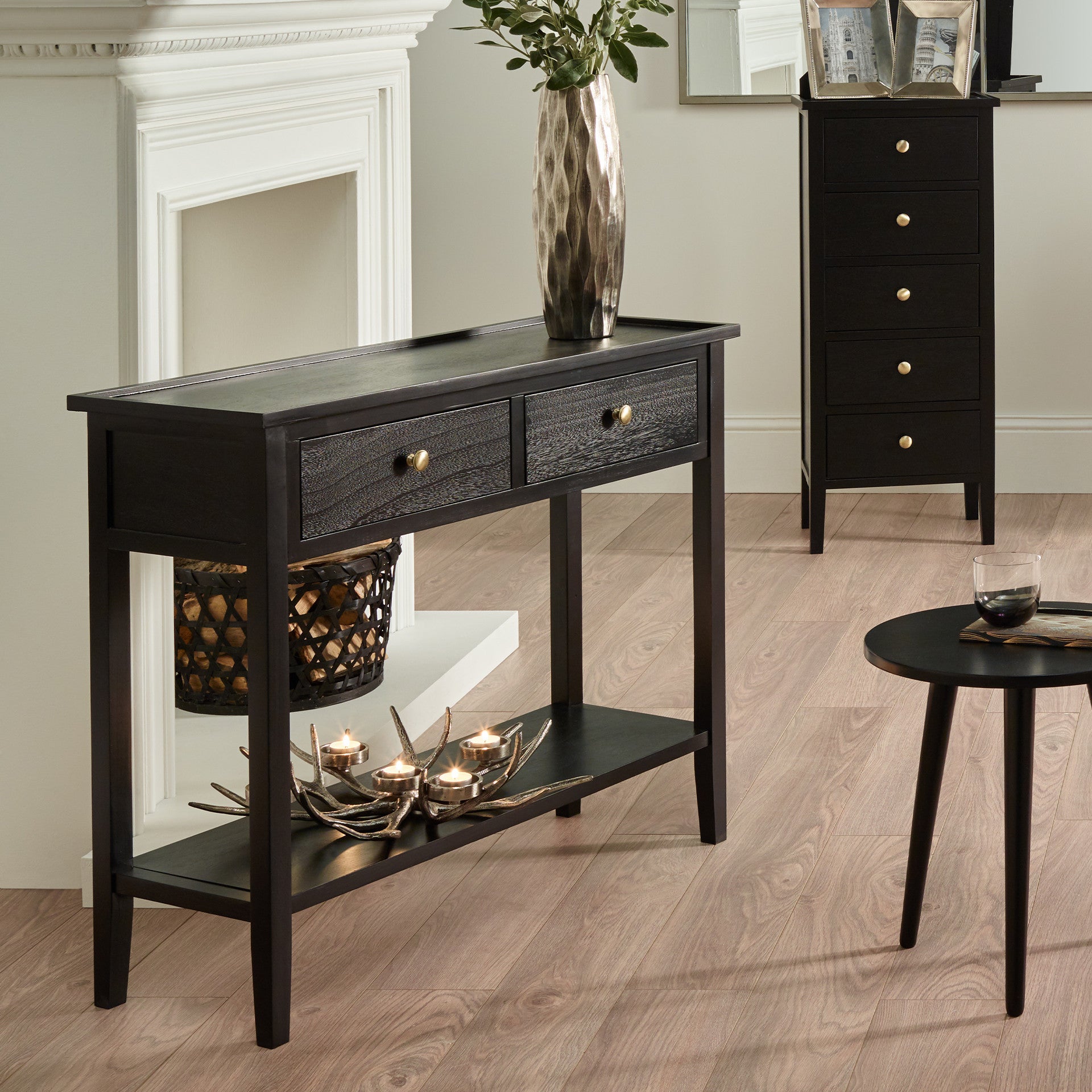 Console en bois de pin noir satiné à 2 tiroirs avec poignées dorées