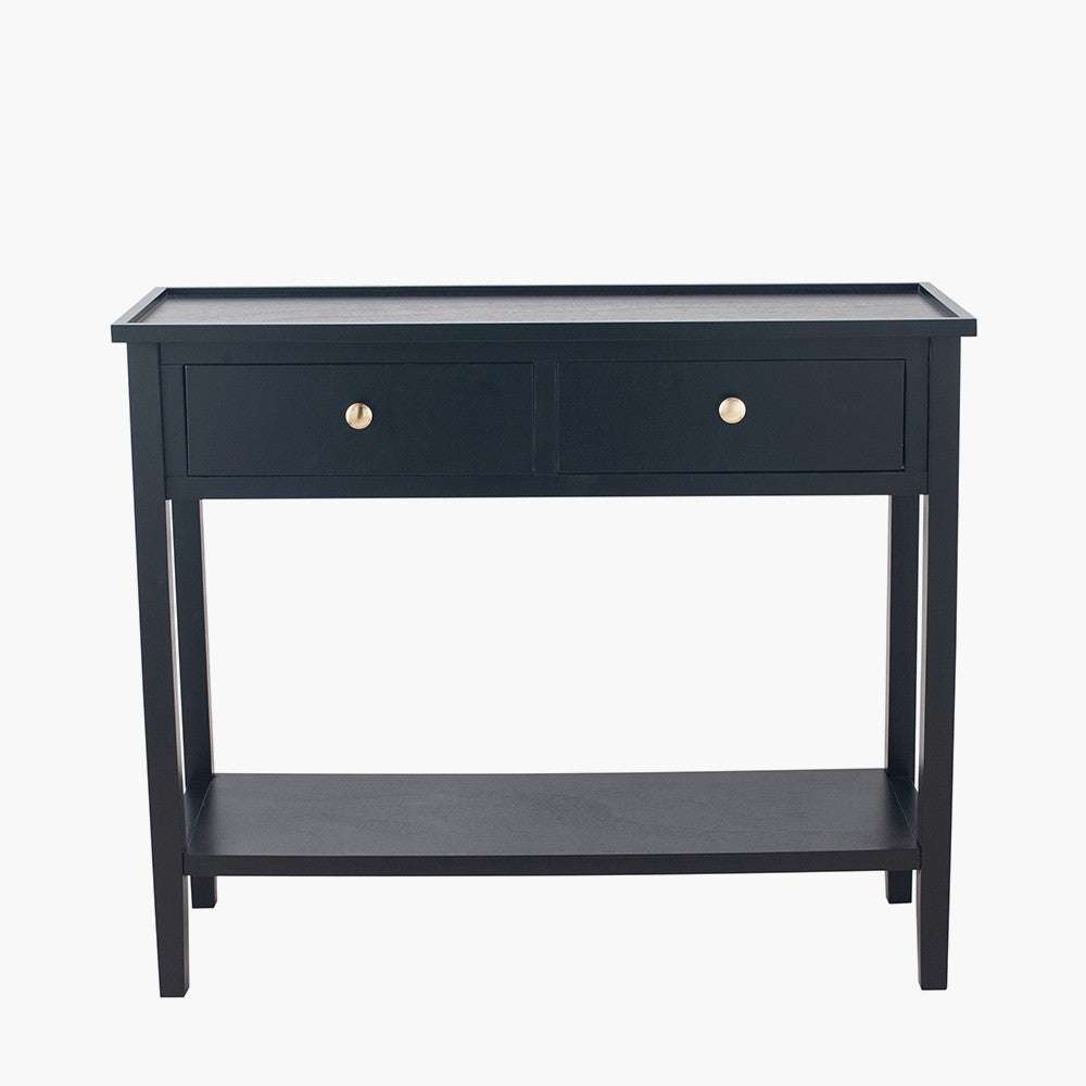 Console en bois de pin noir satiné à 2 tiroirs avec poignées dorées