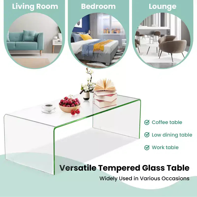 Table basse en verre trempé – Rectangulaire transparente, 40"L x 19.5"l x 13.5"H