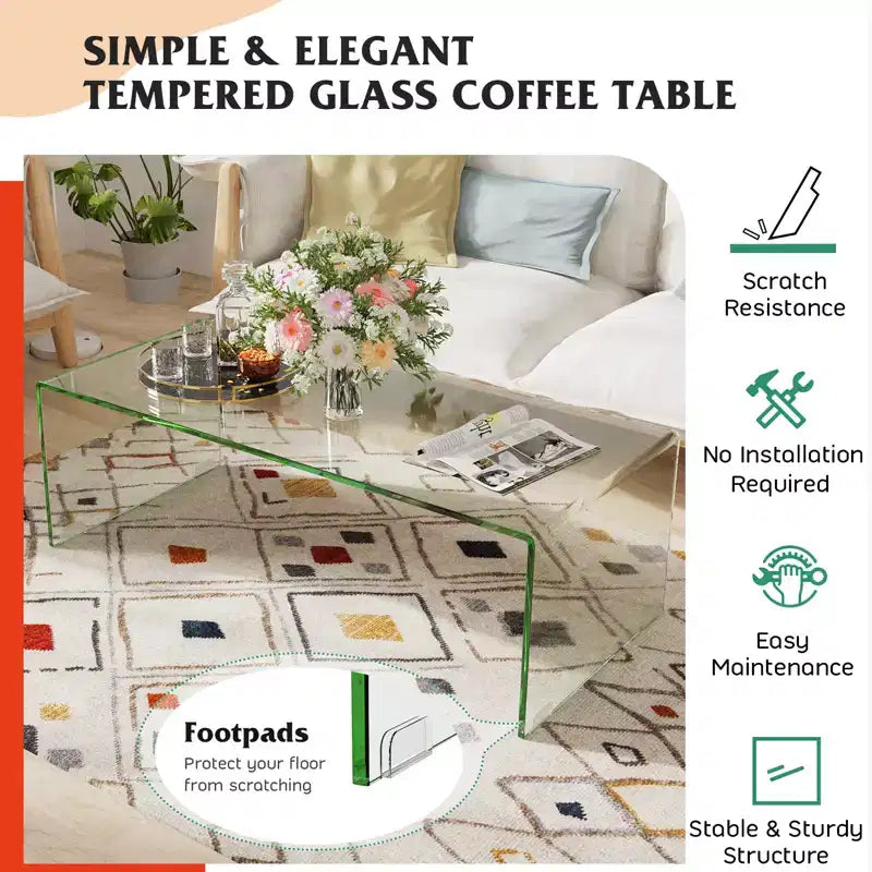 Table basse en verre trempé – Rectangulaire transparente, 40"L x 19.5"l x 13.5"H