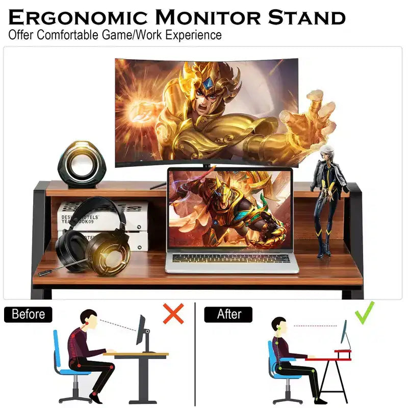 Bureau informatique à 2 niveaux avec support d'écran et étagère ouverte – 31"x20"x36"