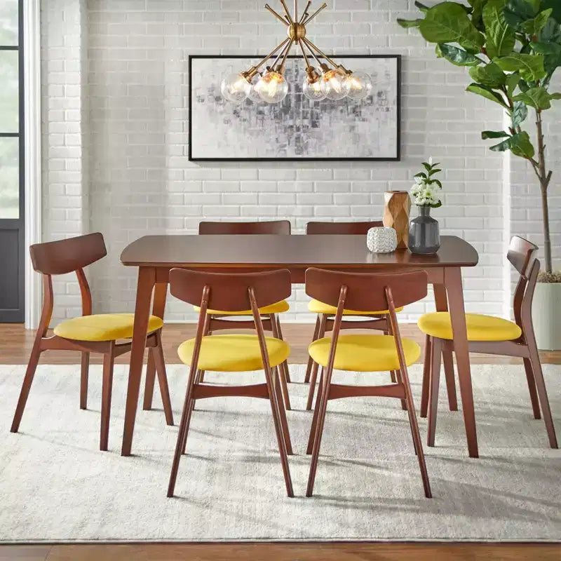 Ensemble de salle à manger rectangulaire 7 pièces – Table en hêtre et 6 chaises rembourrées, 6 places