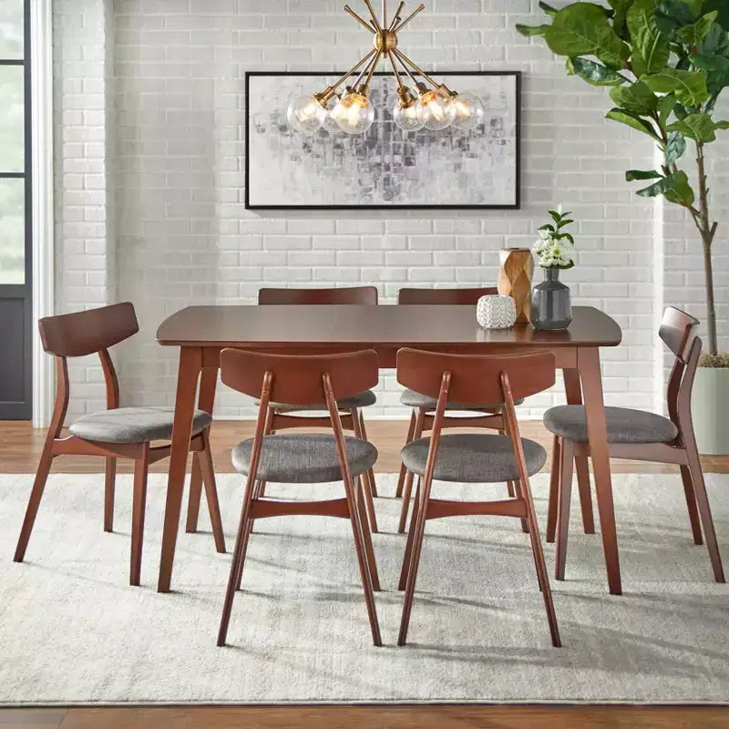 Ensemble de salle à manger rectangulaire 7 pièces – Table en hêtre et 6 chaises rembourrées, 6 places