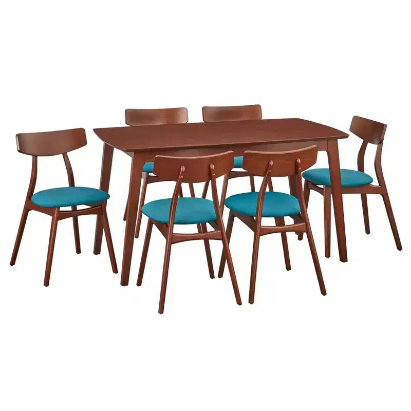 Ensemble de salle à manger rectangulaire 7 pièces – Table en hêtre et 6 chaises rembourrées, 6 places