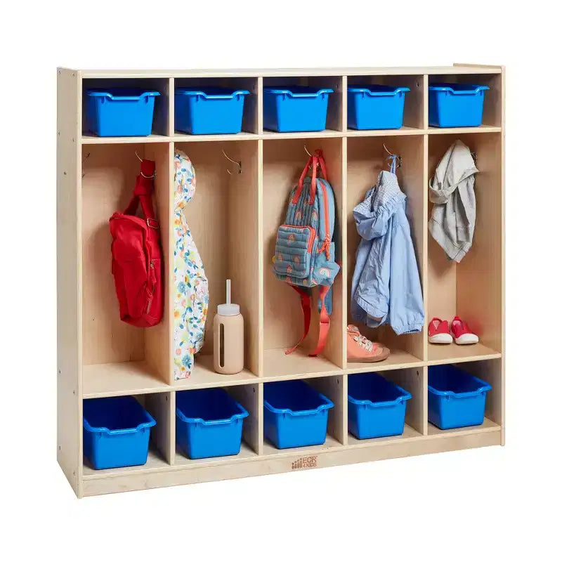 Casier pour enfants à 5 sections avec 10 bacs de rangement – Bois de bouleau, salle de classe et chambre à coucher