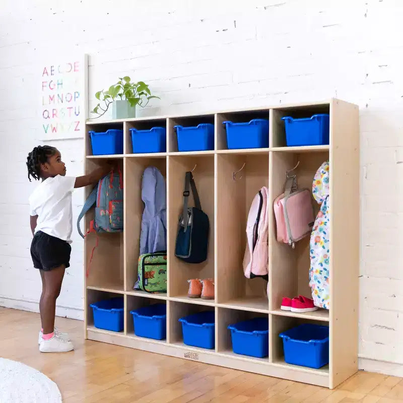 Casier pour enfants à 5 sections avec 10 bacs de rangement – Bois de bouleau, salle de classe et chambre à coucher
