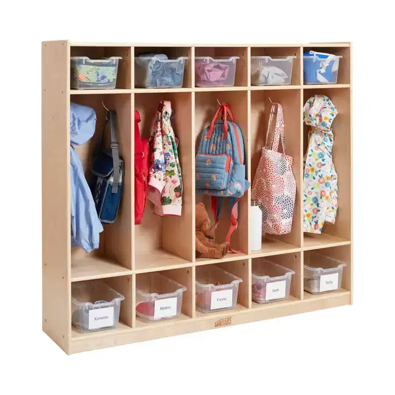 Casier pour enfants à 5 sections avec 10 bacs de rangement – Bois de bouleau, salle de classe et chambre à coucher