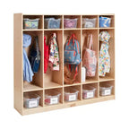 Casier pour enfants à 5 sections avec 10 bacs de rangement – Bois de bouleau, salle de classe et chambre à coucher