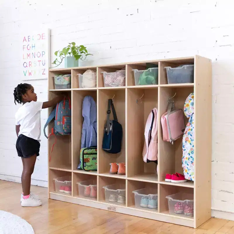 Casier pour enfants à 5 sections avec 10 bacs de rangement – Bois de bouleau, salle de classe et chambre à coucher