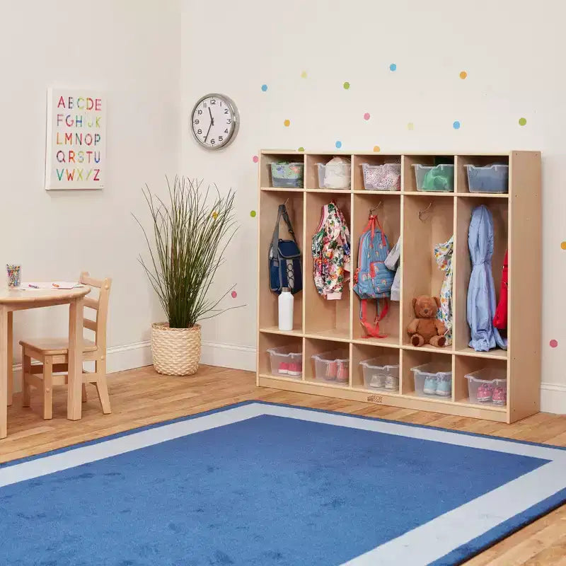 Casier pour enfants à 5 sections avec 10 bacs de rangement – Bois de bouleau, salle de classe et chambre à coucher