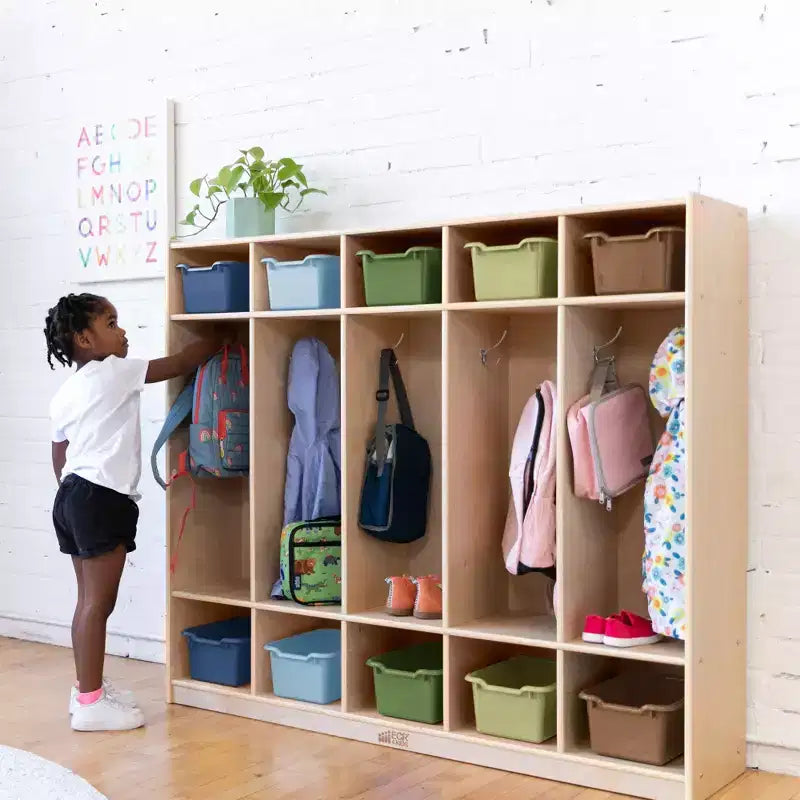 Casier pour enfants à 5 sections avec 10 bacs de rangement – Bois de bouleau, salle de classe et chambre à coucher