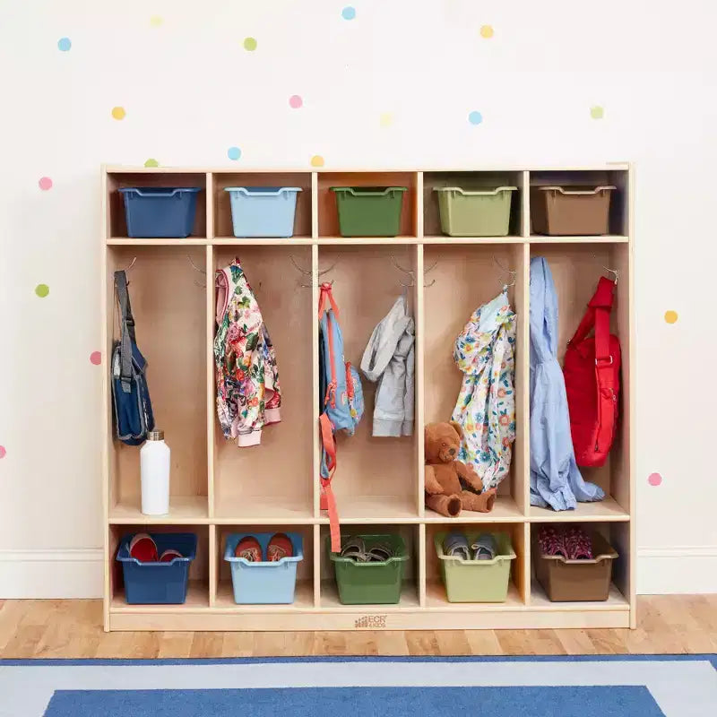 Casier pour enfants à 5 sections avec 10 bacs de rangement – Bois de bouleau, salle de classe et chambre à coucher