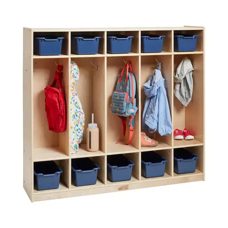 Casier pour enfants à 5 sections avec 10 bacs de rangement – Bois de bouleau, salle de classe et chambre à coucher