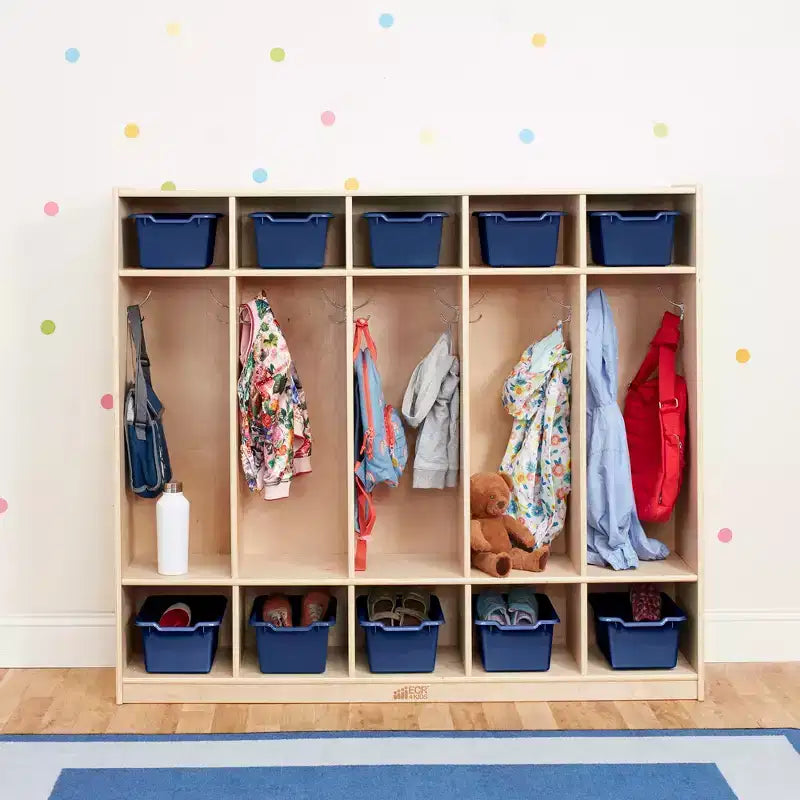 Casier pour enfants à 5 sections avec 10 bacs de rangement – Bois de bouleau, salle de classe et chambre à coucher