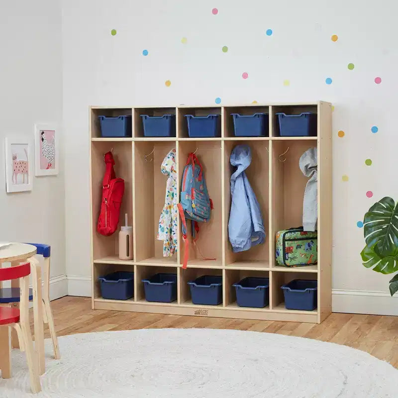 Casier pour enfants à 5 sections avec 10 bacs de rangement – Bois de bouleau, salle de classe et chambre à coucher