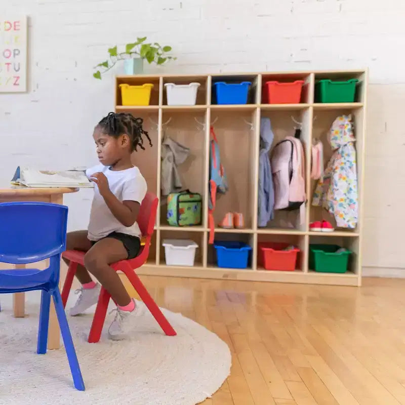 Casier pour enfants à 5 sections avec 10 bacs de rangement – Bois de bouleau, salle de classe et chambre à coucher