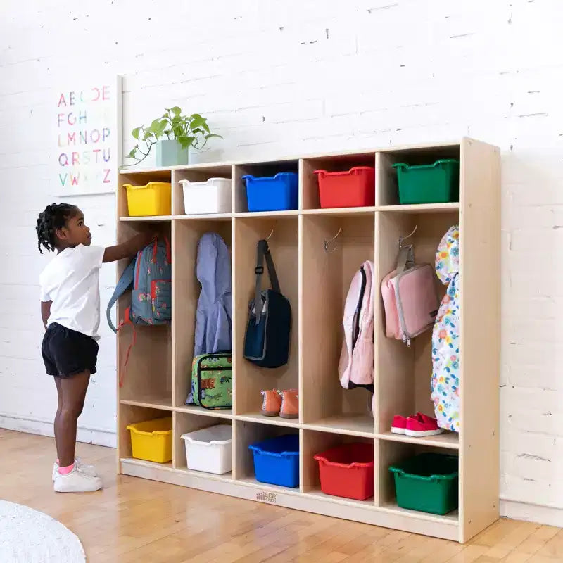 Casier pour enfants à 5 sections avec 10 bacs de rangement – Bois de bouleau, salle de classe et chambre à coucher