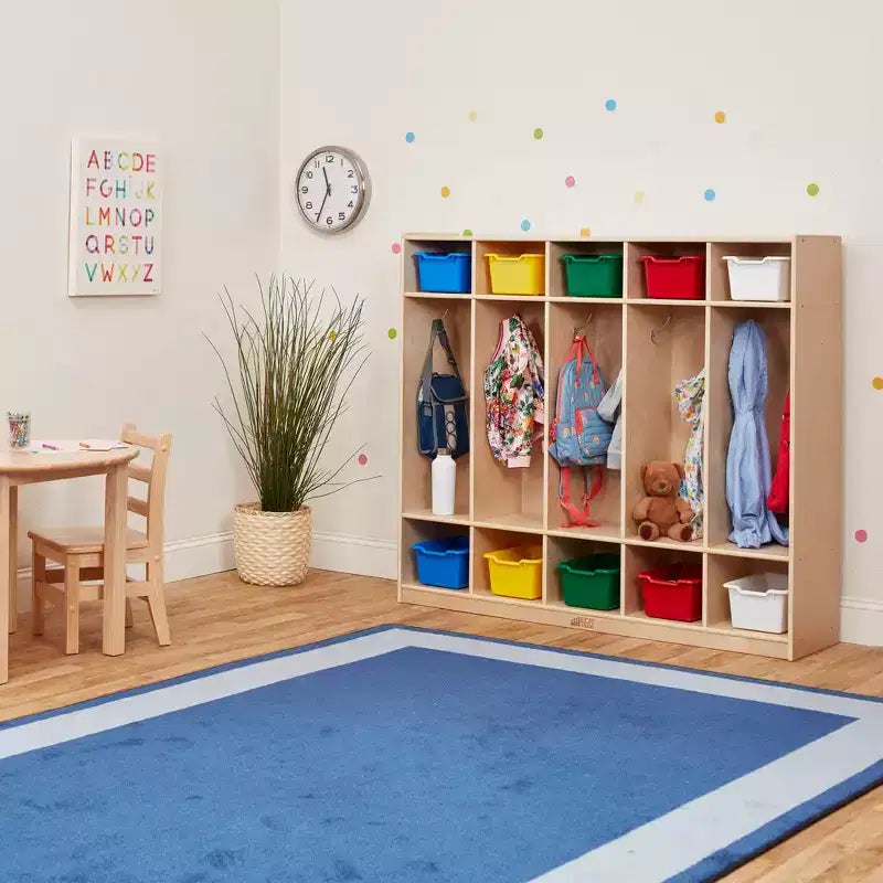 Casier pour enfants à 5 sections avec 10 bacs de rangement – Bois de bouleau, salle de classe et chambre à coucher