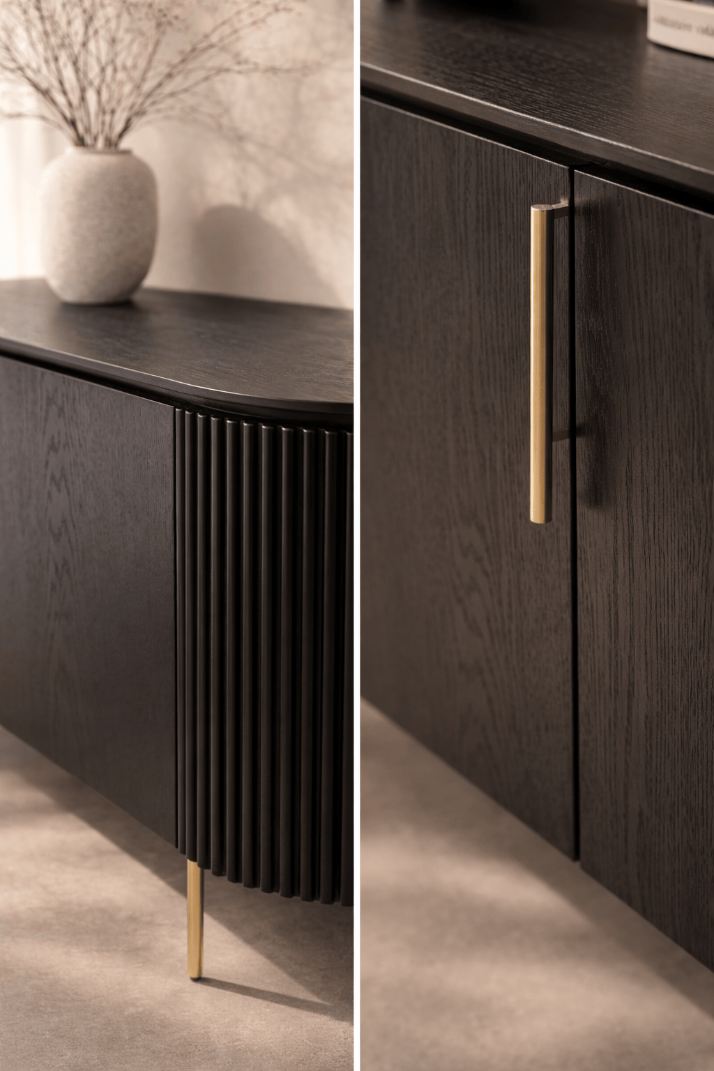 Buffet en chêne noir 3 portes avec poignées en laiton et tiroir secret