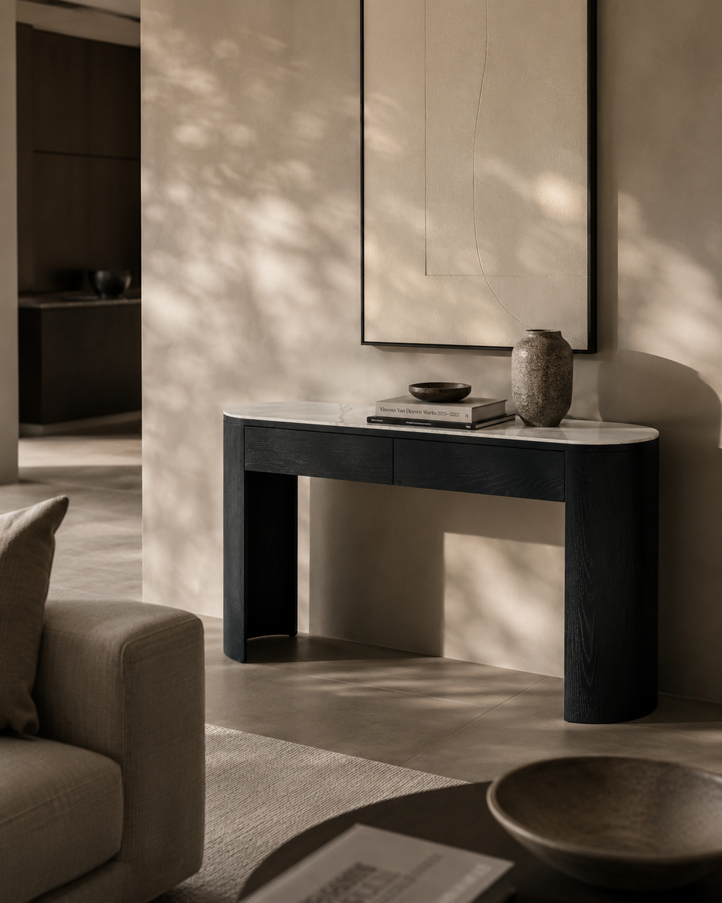 Console étroite en chêne noir avec 2 tiroirs et plateau ovale